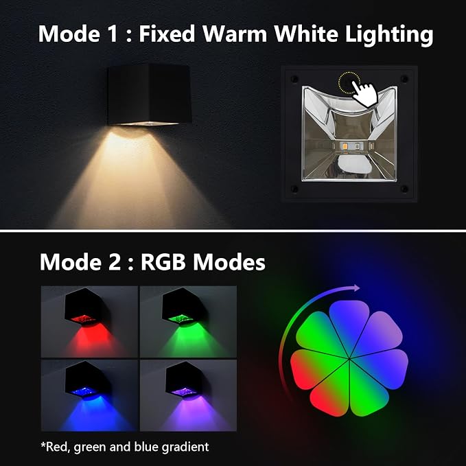 Solar Wall Lights Outdoor Waterproof LED Downlights with Warm White & RGB Modes for House Numbers, Address, Mailbox, Deck 1 Pack