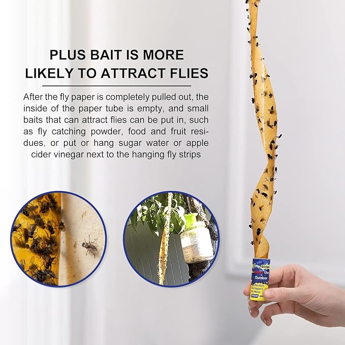 24 Pack Fly Traps Strips Indoor Outdoor, Flies Paper Sticky Hanging with Pins, Fruit Fly Tape Ribbon Roll for Home, Bug & Gnat Catchers for Inside, House Fly Killer for Winged Insect, Mosquito