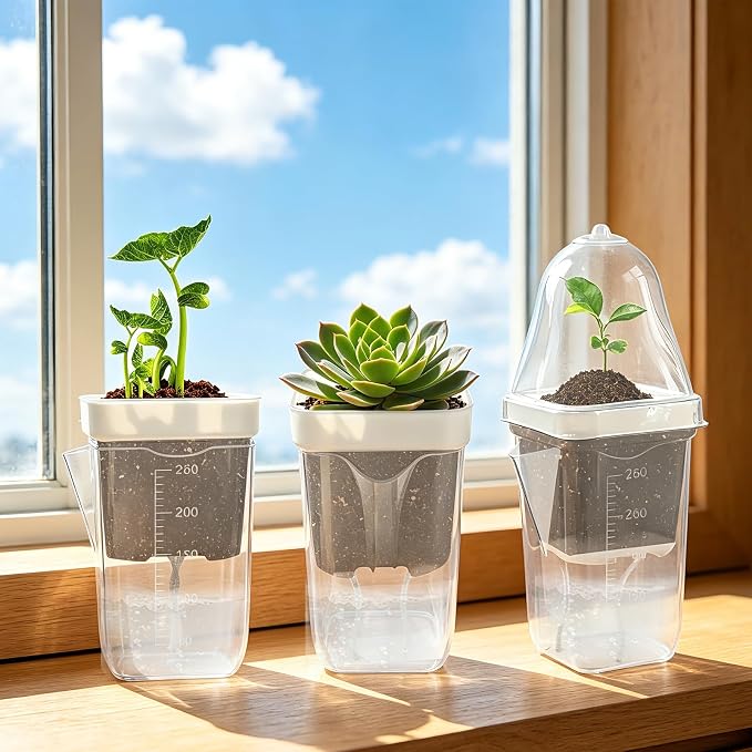 12 Pack 2.5" Self Watering Propagation Pots with Humidity Dome, Clear Plastic Seed Starter Cups, for Seedlings, Cuttings, Succulents, Herbs, Vegetables, 12 Plant Labels Included