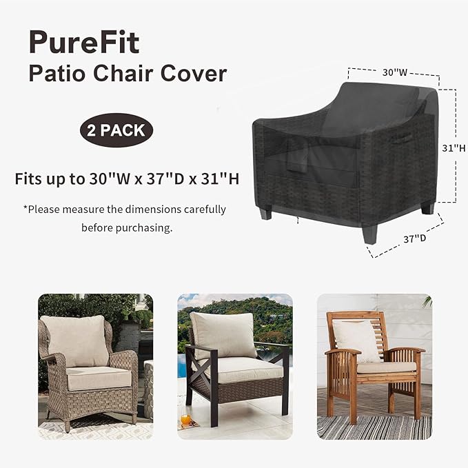 PureFit Outdoor Chair Covers Waterproof 2 Pack Patio Furniture Lawn Chair Covers for Outdoor Furniture with Air Vent and Padded Handles, Fits up to 30W x 37D x 31H Inches, Black
