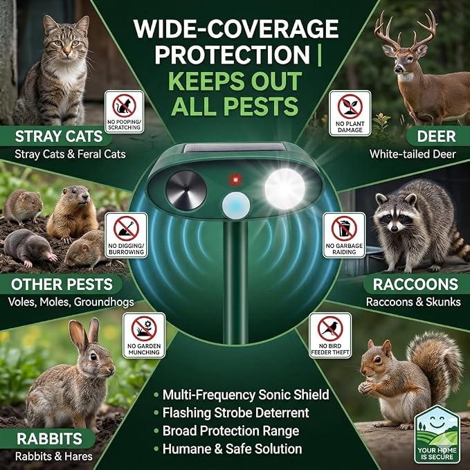 2026 Upgraded Sonic Fortress Pro Deer Repellent Devices,2Pack Solar Ultrasonic Animal Repellenwith Motion Sensor&Flash Light,USB Rechargeable Cat Repellent Scare Squirrel Rabbit Out of Garden Yard