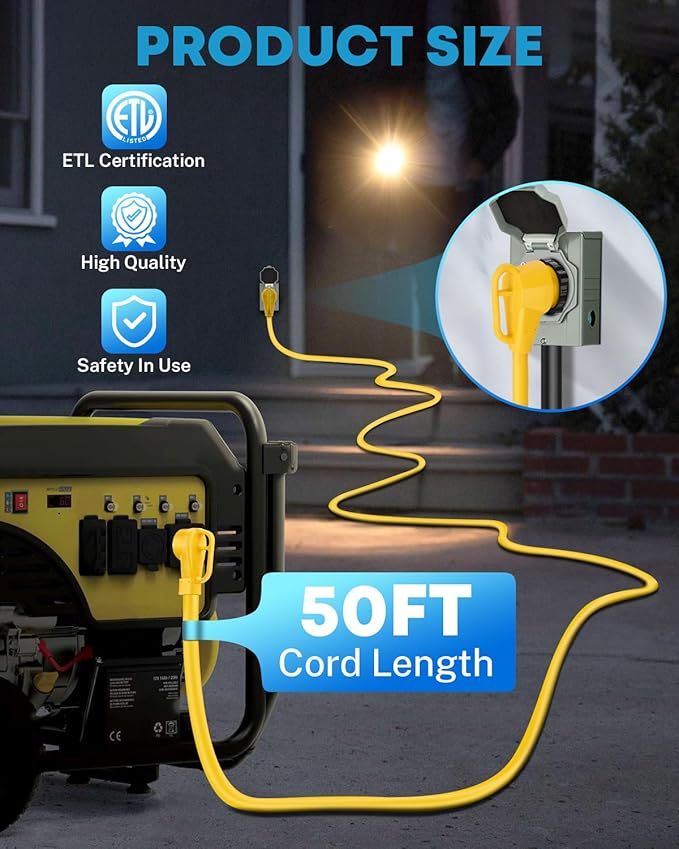 UL Listed 50 Feet 50 Amp Generator Extension Cord, NEMA 14-50P Male to SS2-50R 6/3+8/1 AWG 125/250V Heavy Duty Generator Power Cable with Twist Lock, Connectors for Generator to House