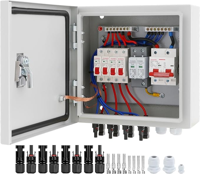 4 String Metal Solar Combiner Box, IP65 Waterproof PV Combiner Box with 20A Rated Current Fuse, 63A Air Circuit Breaker,Lightning Arrester for On/Off Grid Solar Panel System