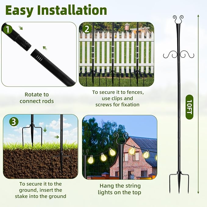 6 Pack Outdoor Patio Light Poles for String Lights, 10Ft Heavy Duty Metal String Light Poles with Shepherds Hooks for Hanging Plant & Bird Feeder, Deck Pole for Outdoor Strings Lights