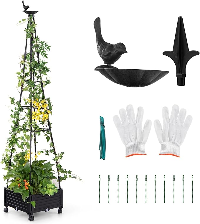 HAPPYGRILL Raised Garden Bed, 81” Tomato Cage w/Self-Drainage System, Adjustable Size & Wheels for Climbing Vine Fruits Flowers, Tomato Planter Box for Indoor Outdoor Yard Lawn Patio Greenhouse