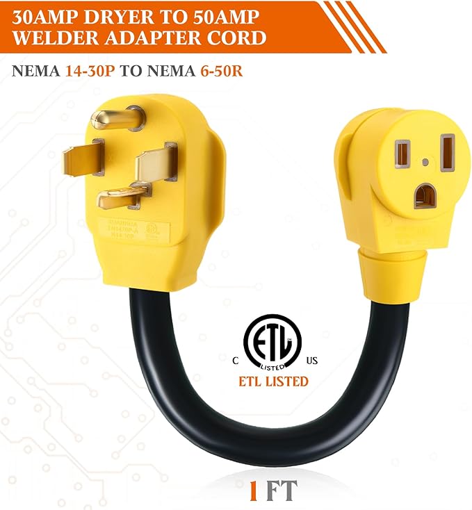 Kanayu 1ft 14-30P to 6-50R Welder Adapter Cord Dryer Adapter 4 Prong to 3 Prong Compatible with NEMA, EV Charger Power Cord, 30amp Male Plug to 50amp Female Receptacle, STW 10AWG*3C, ETL Listed