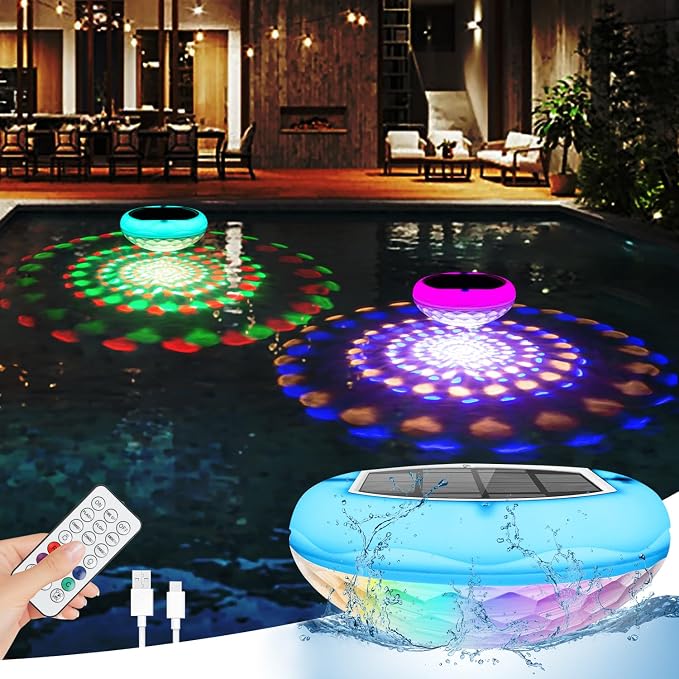 QOLNBY Pool Lights(1 PCS), Solar USB Rechargeable Floating Pool Lights, 6.69 Inch 2600mAh IP68 Waterproof 6 Dynamic Modes Upper and Lower Color Changing Hangable Solar Floating Light for Pools 1 PCS