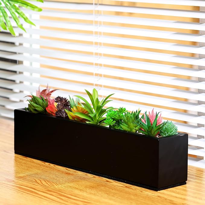 FillTouch 1 Pcs Long Rectangular Planter Box Window Sill Plant Box Metal Water Trough Indoor Large Modern Steel with Drainage Holes Herb Garden Home (16.1 x 3.2 x 3.5 Inch,Black)