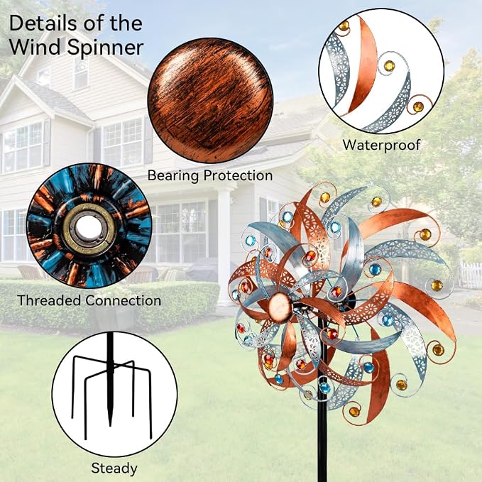 DREAMYSOUL Large Wind Spinner Outdoor, 20 Inches Dia Vintage Metal Windmills, Kinetic Wind Spinners & Sculpture for Yard and Garden