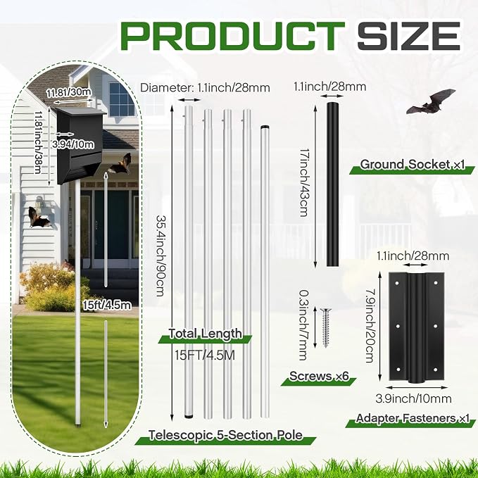 Yaocom 15FT Telescoping Bat House Pole Kit Include Bat House, Ground Socket for Outdoor