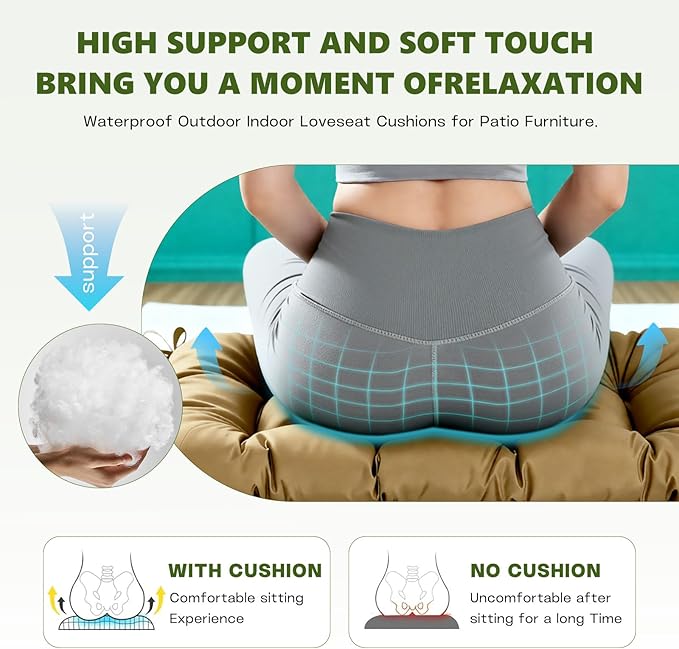 Wicker Chair Cushions Set, 2 U-Shaped Cushions & 1 Loveseat, Waterproof Outdoor Loveseat Cushion for Patio Furniture, Settee Bench Pad All Weather,Khaki