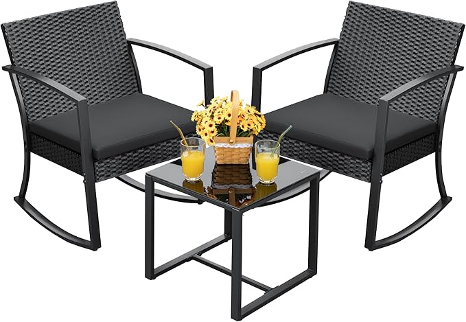 Devoko Resin Patio Furniture Set 3 Piece All Weather Outdoor Rocking Chairs with Cushions and Coffee Table for Bistro Balcony Porch (Black)