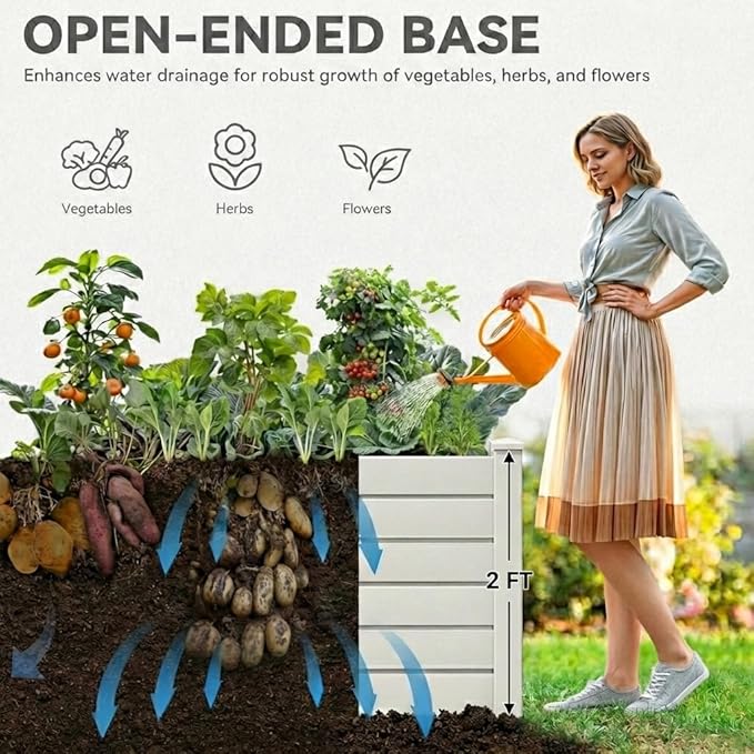 YITAHOME 4x4x2 FT Plastic Raised Garden Bed Kit, Large Outdoor Above Ground Planter Box with Growth Grid for Plants, Vegetables, and Flowers, Easy Installation, White