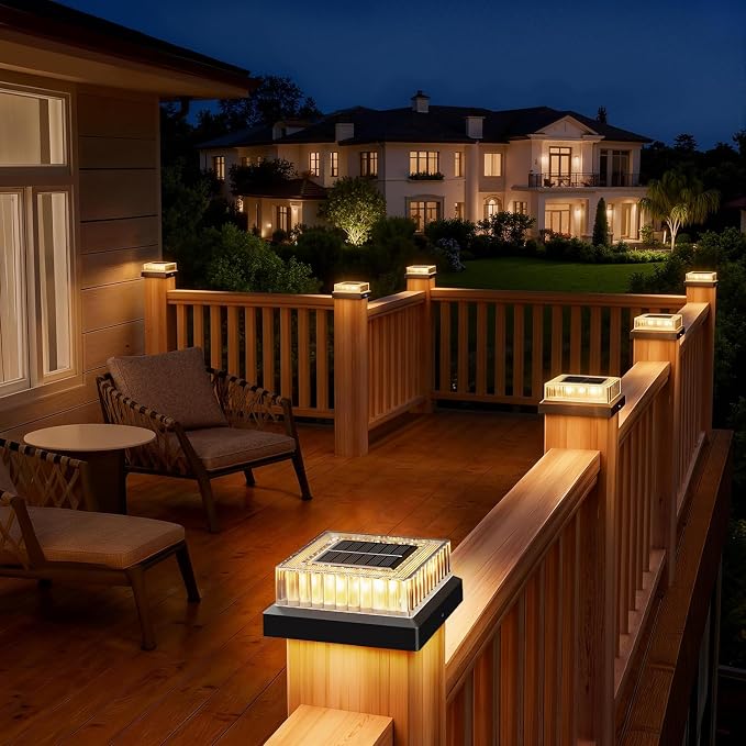 4x4 Solar Post Cap Lights, 4 Pack Fence Post Solar Lights 3000K with Clear Lampshade IP65 Waterproof - Easy Install for Fence Deck Patio Garden Decor - Black