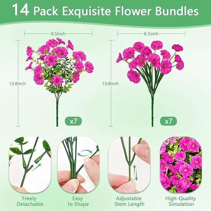 Yastouay Artificial Flowers for Outdoors, 14 Bundles Fake Outdoor Flowers, UV Resistant Artificial Plants & Flowers for Decoration, Fuchsia Realistic Morning Glory for Outdoor Porch Garden Decoration