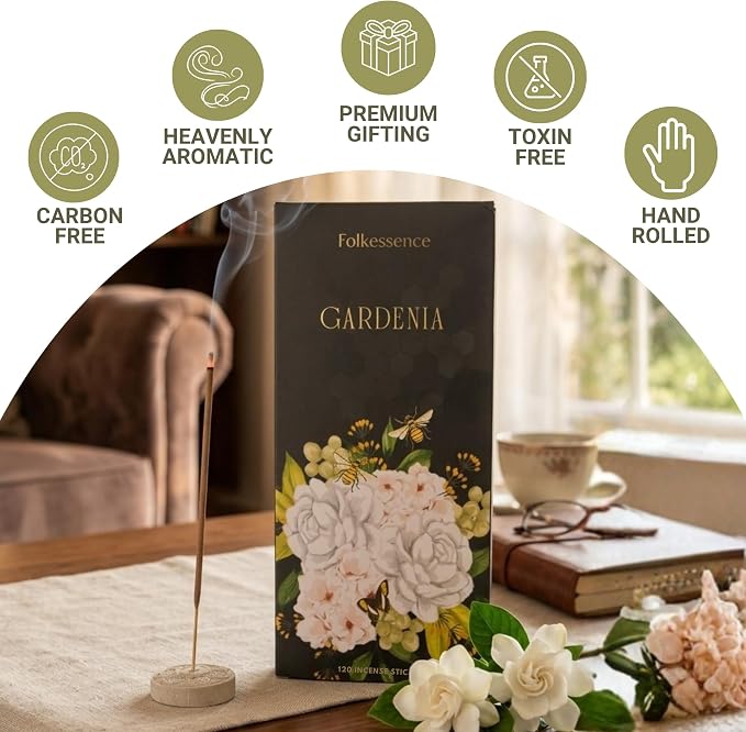 Folkulture Incense Sticks (120 Sticks) | Gardenia Incense for Home & Aromatherapy | Long Burning, Charcoal-Free, Non-Toxic Incense for Relaxation & Summer Vibes | Home Decor Gifts