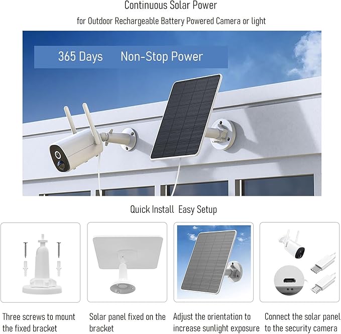 Solar Panel for Security Camera, 6W Solar Panel Micro USB & USB-C for Outdoor Rechargeable Battery Camera, Doorbell, Light, Solar Panels with IP65 9.8ft Cable, Adjustable Bracket (2 Pack)