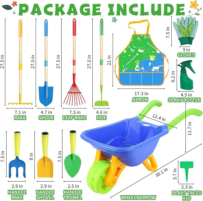 Magic4U 11-Piece Kids Gardening Set with Wheelbarrow, Shovel, Rake, Hoe, Gloves & Apron - Heavy-Duty Steel Tools & Interchangeable Handles, Outdoor Yard Toys for Boys Girls Ages 3-8