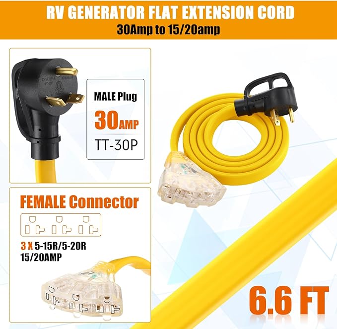 Tellegloww 6.6 FT Flat RV Generator Adapter Cord NEMA TT-30p to 3X 5-20R/5-15R, 30A to 110V 15/20 A Household Outlet Adapter, 10 Gauge Flat Rv Generator Extension Cord, Etl Listed, Yellow
