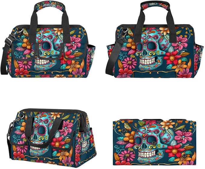 15 Inch Tool Bag 14-Pockets Tool Box Organizer for Men Flowers Skull Tool Tote Bag Waterproof Toolbox with Shoulder Strap Heavy Duty Garden Tool Organizer for Mechanic