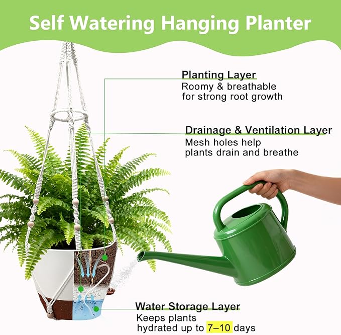 2 Pack Hanging Planters with Grow Light for Indoor Plants, 10” Self Watering Pots for Apartments & Low-Light Rooms, Macrame Hangers, Timer, Drainage Holes & Removable Tray