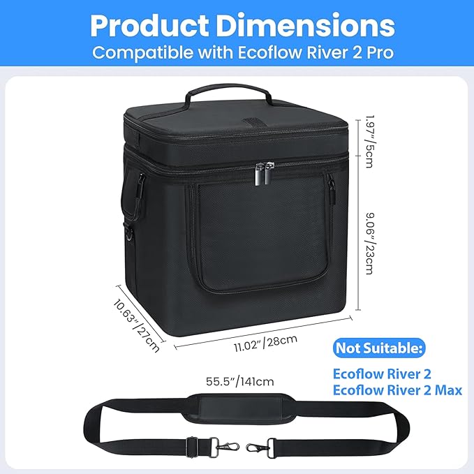 Carrying Bag Compatible with ECOFLOW River 2 Pro, Power Storage Bag with Adjustable Shoulder Strap, Soft Generator Cover with Side Zipper,28 * 27 * 23CM (Black, For River 2 Pro)