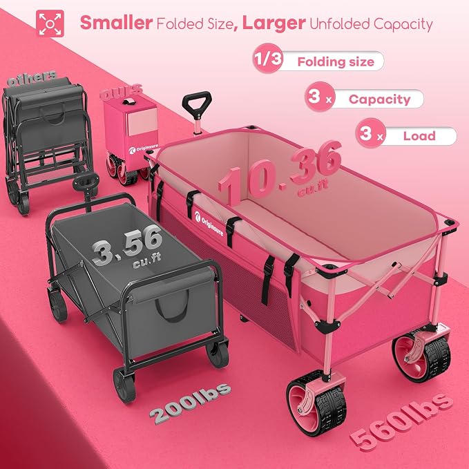 Originsure 48" L Collapsible Wagon Cart Foldable, 560lbs Weight Capacity 300L Heavy Duty Folding Beach Wagons with Big All-Terrain Wheels, Utility Carts for Groceries, Camping, Sports - Pink