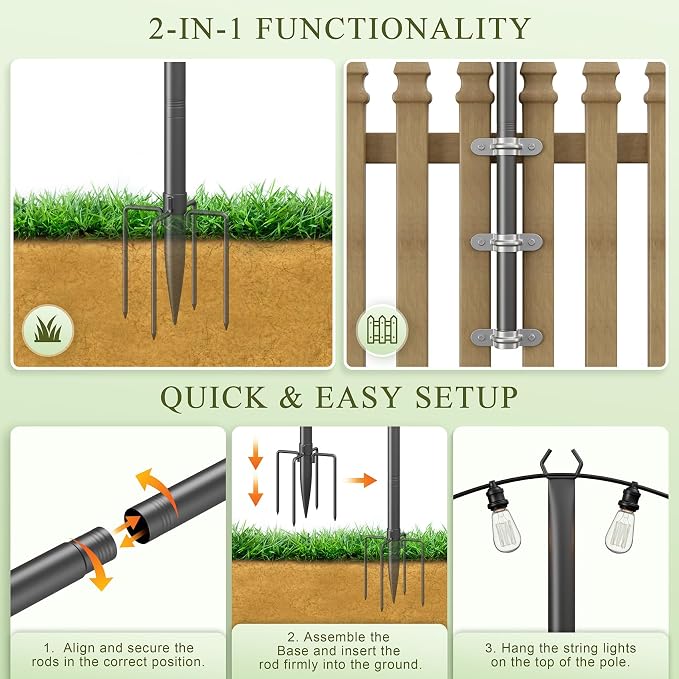 Jusgym String Light Poles for Outside, 10ft Adjustable Metal Poles for Outdoor String Lights Hanging Light, Outdoor Light Poles with Fork, for Patio, Deck, Backyard, Garden (4 Pack)