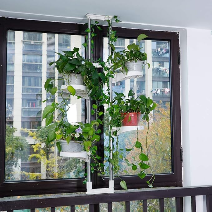 BAOYOUNI Indoor Window Plant Stand Metal Double Pole Storage Shelf Flower Pot Display Rack Holder Planter Extention Rods Home Decor with 4 Adjustable Trays - Ivory