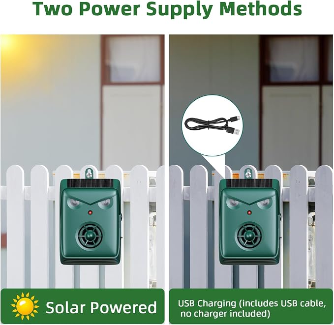 2026 Upgraded Solar Ultrasonic Bird Repellent Devices Outdoor,2 Pcs Woodpecker Deterrent for House,USB Charging & Waterproof Goose Pigeon Bird Deterrents for Outside,Birds Repeller for Garden Orchard