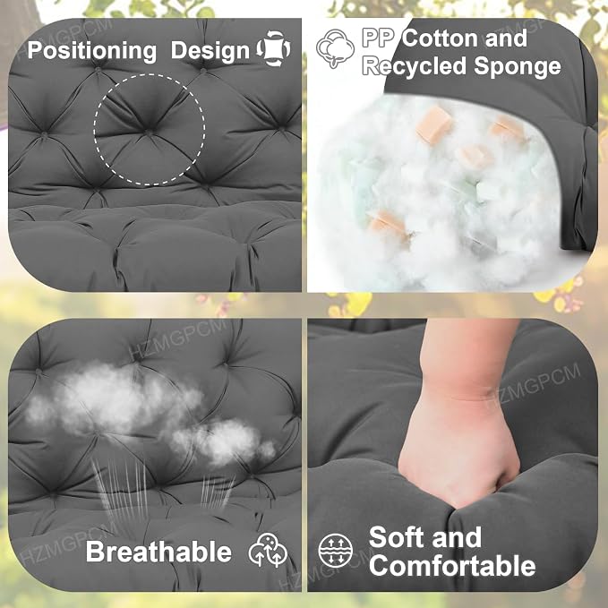 Outdoor Swing Cushions 3 Seater Waterproof Extra Thick 5 inch Porch Swing Cushions Outdoor 58 inch Sturdy Durable with Backrest & 8 Ties Not Easy to Fade Swing Cushion for Outdoor Furniture