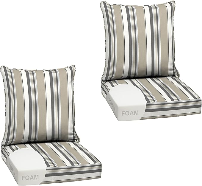 Arden earthFIBER Outdoor Foam Deep Seat Cushion (2-Pack), 24x24, Premium High-Density Foam, Never Flattens, Weather-Proof for Patio Chair Sofa Couch, Taupe Grey Boardwalk Stripe