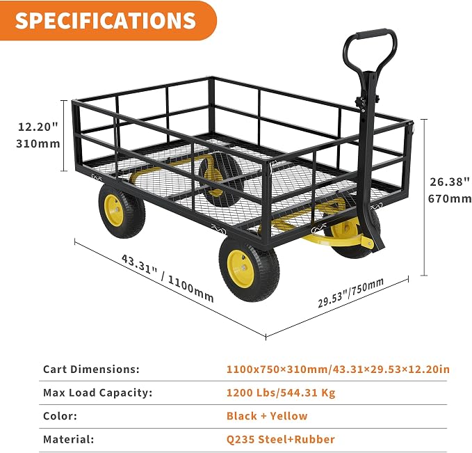 Heavy Duty Steel Garden Cart, 1200 Lbs Garden Wagon with 13" All Terrain Tires, 3-in-1 Metal Utility Wagon with Removable Mesh Side Panels and 180° Rotating Handle for Yard, Lawn and Garden