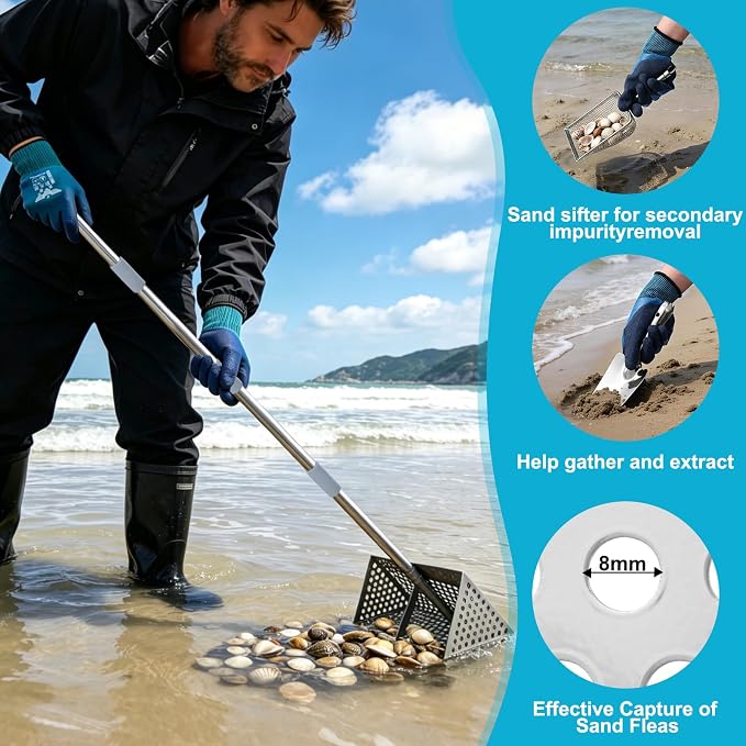 65Inch Sand Rake for Beach, Sand Scoop Rake Stainless Steel with an 11-Inch Sand Sifter and a 10.6-Inch Sand Rake, Perfect for Collecting Seashells Cleaning up Broken Shells and Debris on The Beach