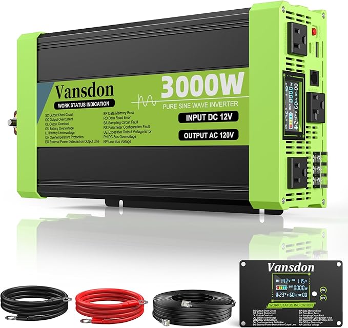 Vansdon 3000W Pure Sine Wave Inverter 12V DC to 120V AC Power Inverters for RV,Truck, Solar, Home, Off-Grid, Car with LCD Display, 3 AC Outlet, 30W USB-C, 5V 2.1A USB,Remote Control, Surge 6000W