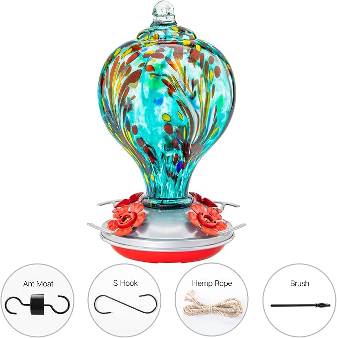 Hummingbird Feeders 32OZ Glass Hummingbird Feeder with Ant Moat, Yard Porch Decor (Teal Blue) | LaElvish Garden Hummingbird Feeders 32OZ Glass Hummingbird Feeder with Ant Moat, Yard Porch Decor (Teal Blue)