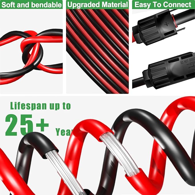Twin Wire Solar Extension Cable 60FT - 10AWG (6mm²) Solar Panel Tinned Copper Wire for Outdoor, Automotive, RV, Boat and Marine Use - Black & Red