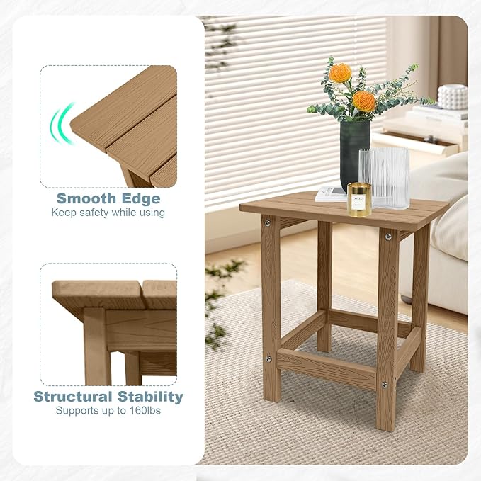 Meluvici Outdoor Side Table, HDPS Single Adirondack Side Table Weather Resistant, Table for Adirondack Chair, Outside End Table for Patio, Pool, Deck, Porch, Outdoor or Indoor Use,Teak