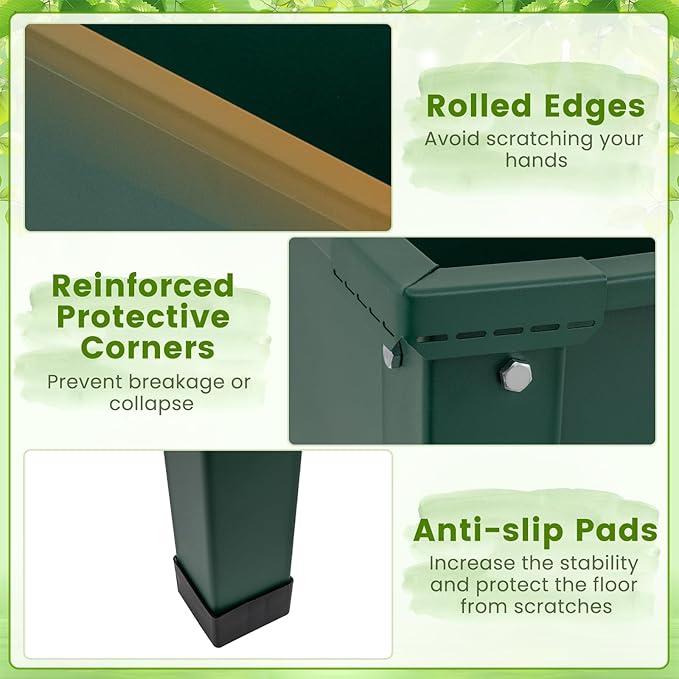 HAPPYGRILL Raised Garden Bed, 31.5” Elevated Planter Box w/Legs, Drainage Hole, Hemming Design, Metal Garden Box for Vegetable Herb, Outdoor Raised Beds for Gardening, Backyard Porch Balcony, Green