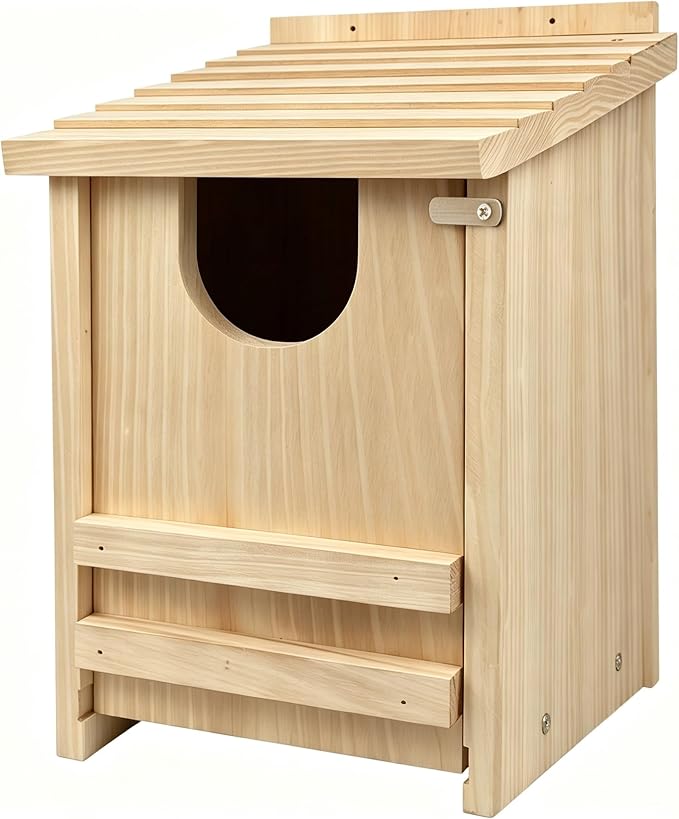 Pine Wood Owl Nesting Box with Shavings for Screech Owls & American Kestrels, 14" x 9" x 9" Outdoor Owl House, Weatherproof, Durable & Easy to Install, Natural Wood Color