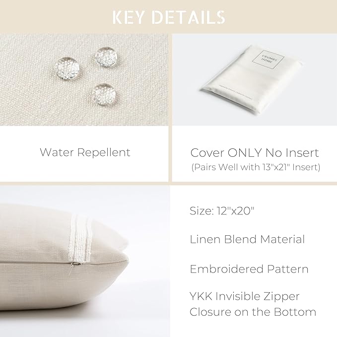 Crumbs Home Modern Farmhouse Fall Linen Indoor Outdoor Lumbar Pillow Cover Only, 12"x20" Water Repellent for Patio, Backyard, Couch, Neutral Beige Embroidered Stripes