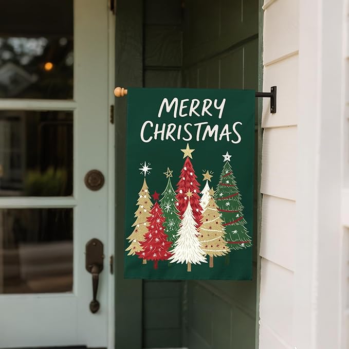 Merry Christmas House Flag 28x40 Inch Forest Green Xmas Tree Holiday Winter Decorative Garden Flags for Outside Double Sided Seasonal Outdoor Home Farmhouse Decoration Porch Yard New Year Decor