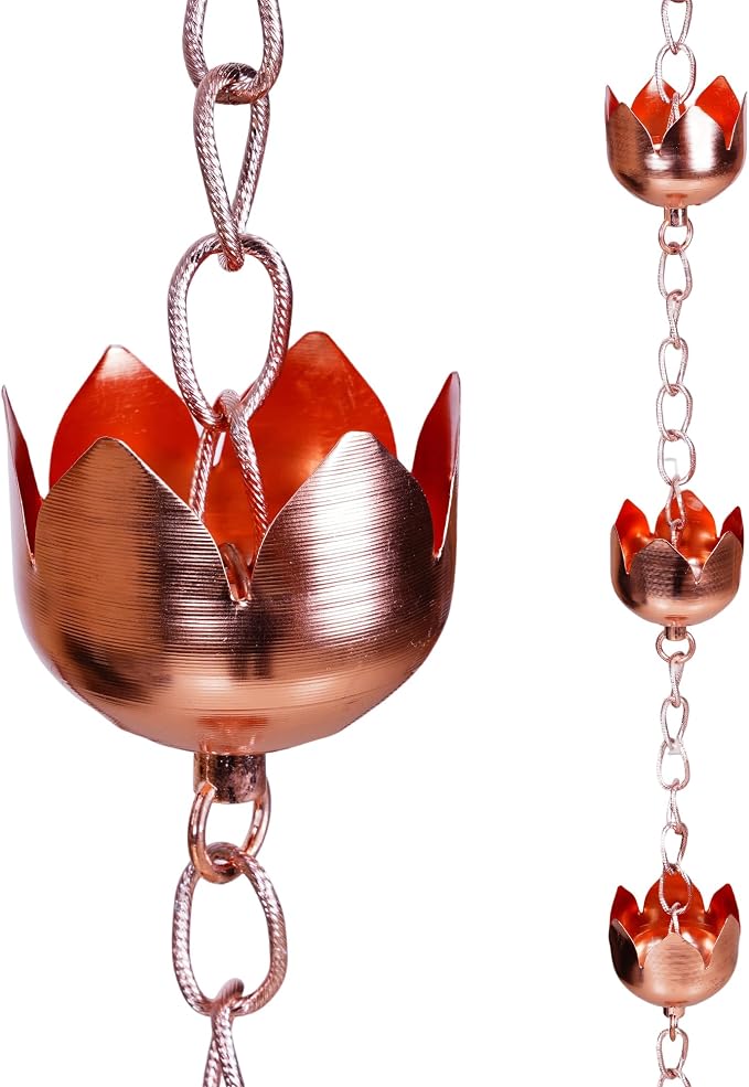 Topadorn Copper Rain Chain for Gutters, 8.5 FT Solid Copper Lotus Rain Chain, Decorative Downspout Alternative with 11 Cups for Garden, Patio & Outdoor Decor