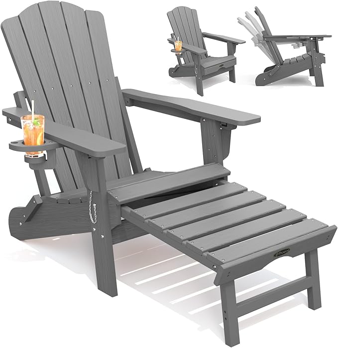 THOEOE Folding Adjustable Adirondack Chairs with Ottoman & 1 Cup Holders, HDEP Multifunctional Adirondack Chair with Footrest,Grey