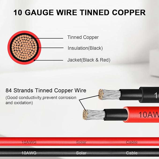 MOOKEERF Solar Battery Cable - 10 Gauge 5FT Power Inverter Cable with PV Flame Retardant Protective Sleeving Connect Battery and Charge Controller for Solar Panel Automotive RV Motorcycle Marine