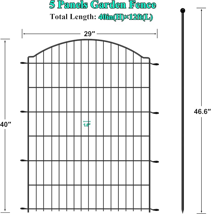 Decorative Garden Fences 40in x 12ft, 5 Pack Outdoor Fencing Animal Barrier Dog Border, Metal Wire Fence Panels for Garden Decor, Flower Bed Edging Borders for No Dig Patio Yard