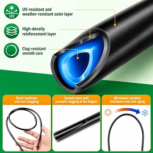 1/4 Drip Irrigation Tubing 100FT, Dripline Tubing with 6 Inch Emitter Spacing, Built-in 0.5 GPH Drippers, 1/4 Irrigation Tubing Drip Line with Fittings and End Plugs for Raised Beds, Garden Rows