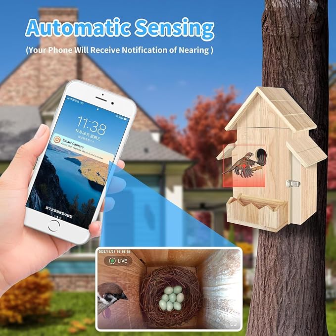 Bird House with Camera, 1080p HD Bird Houses for Outside with Nest Auto Capture Photo & Video, Smart Bird House with Camera Solar Powered 2.4G WiFi & App Notify in Real Time Dark Color (Light, Normal)