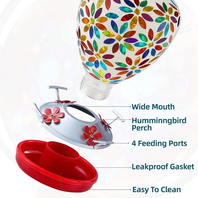 VOREEN Glass Mosaic Hummingbird Feeders, 35OZ with Ant Moat & 4 Feeding Ports, Hand Blown Glass Outdoor Hanging Porch Garden Backyard Decor, Mom Wife Friend'Gift, Flowers Design