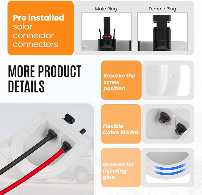 Solar Cable Entry Gland with 10Awg Solar Cable and Solar Connector UV Resistance Dual Cable Entry Housing for Solar RV Boats Yacht Roofs (White 5FT)